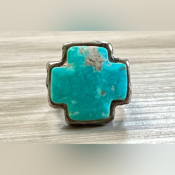 Peyote Bird Designs Sterling Silver Turquoise Inlay Lucky Cross Ring, Size 7 - Picture 2 of 10